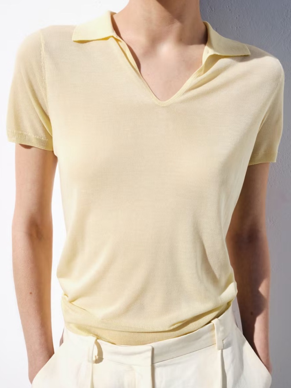 Mango Yellow Collared V-Neck Short Sleeve FINE-KNIT LYOCELL POLO SHIRT 7165